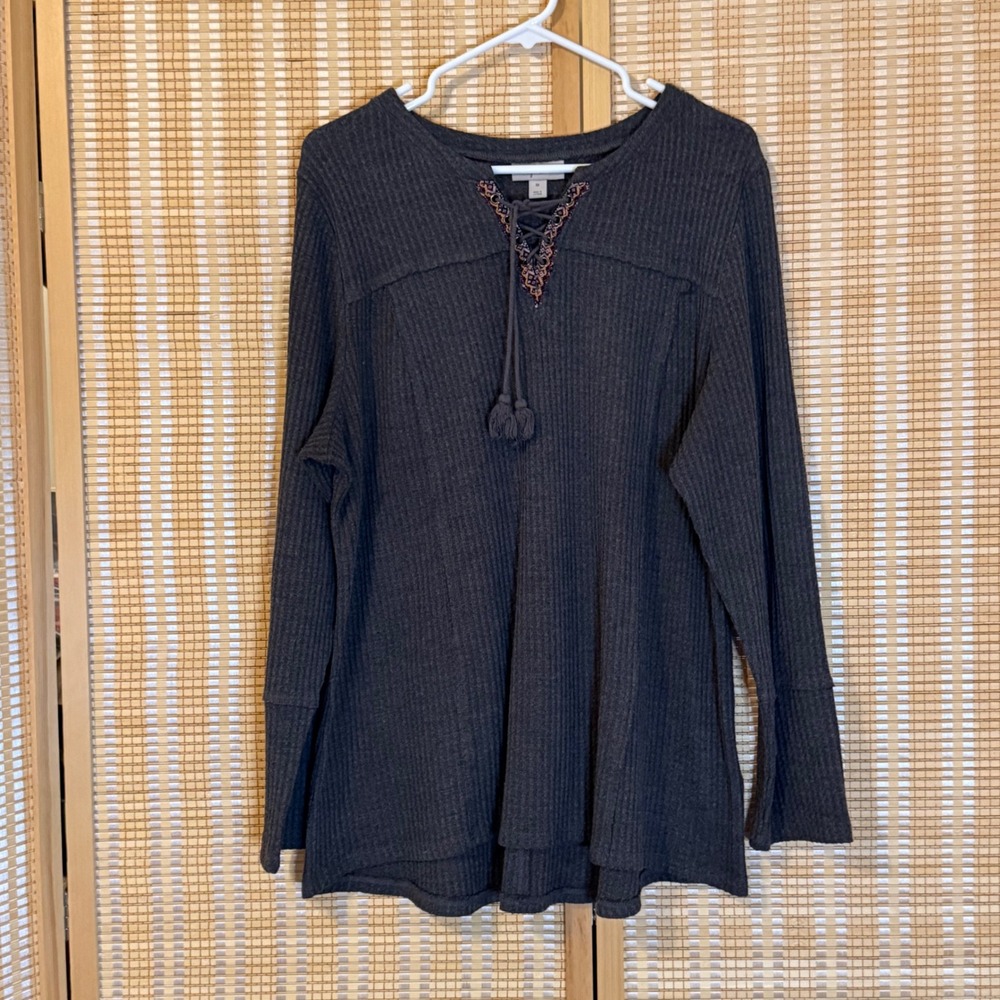 Style & Co Womens 3X Gray Waffle Knit Lace Up Tassel Embroidered Thermal Top